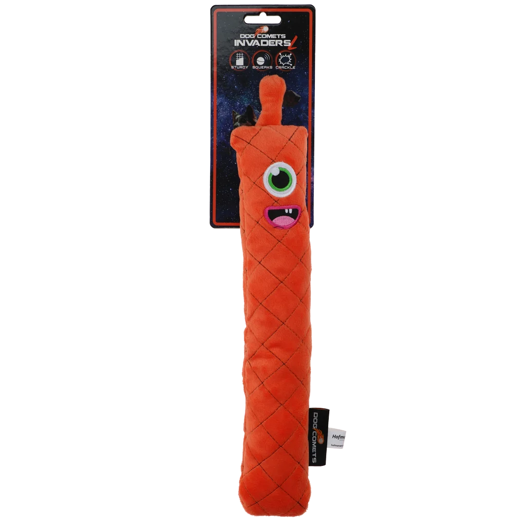 Băț de aport din pluș pentru câini, cu chițcăitoare, portocaliu L, 32 cm – Dog Comets Invaders - imagine 1