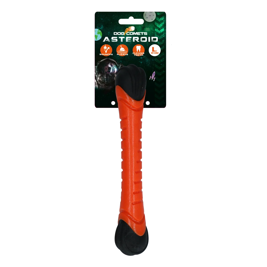 COME035D.png Băț de aport pentru câini cu piuitor, 31 cm, portocaliu – Dog Comets Asteroid - imagine 1