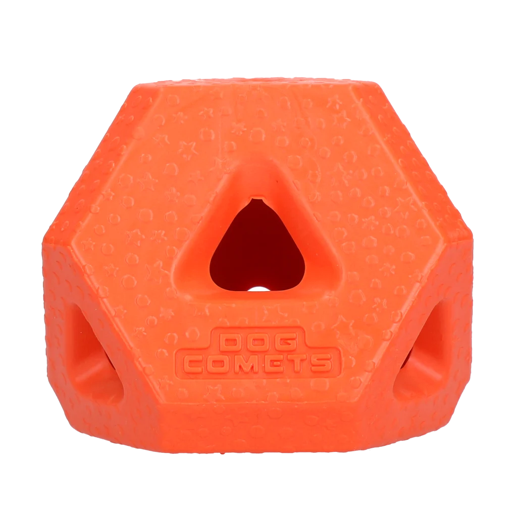 Cubuleț pentru recompense din cauciuc TPR, pentru gustări și bețe de ros, portocaliu – Dog Comets Treat Lock Cube - imagine 1