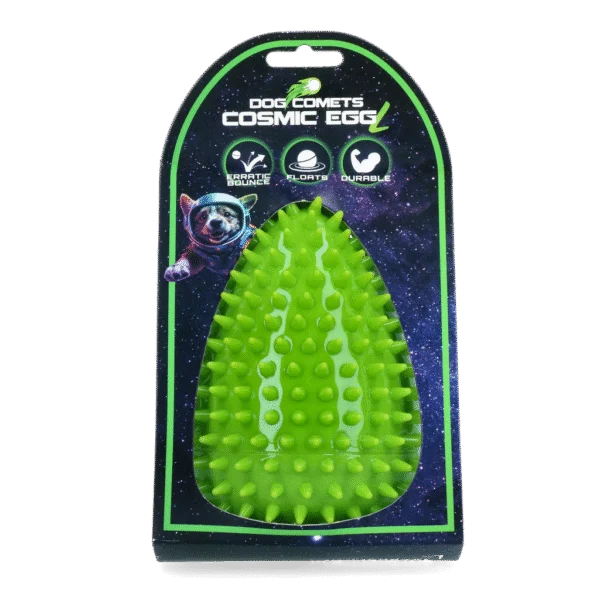 Jucărie de aport în formă de ou, cu chițăitoare și țepi, verde L, Ø 100 x 150 mm – Dog Comets Cosmic Egg