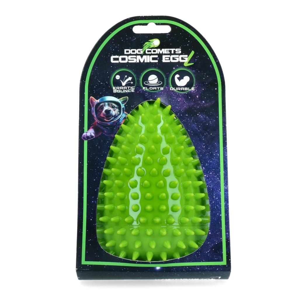 Jucărie de aport în formă de ou, cu chițăitoare și țepi, verde L, Ø 100 x 150 mm – Dog Comets Cosmic Egg - imagine 1