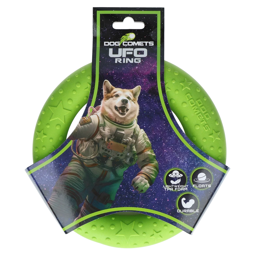 COME097P.png Inel de aport pentru câini din spumă de cauciuc, plutitor, verde M, Ø 19 cm – Inel UFO Dog Comets - imagine 1