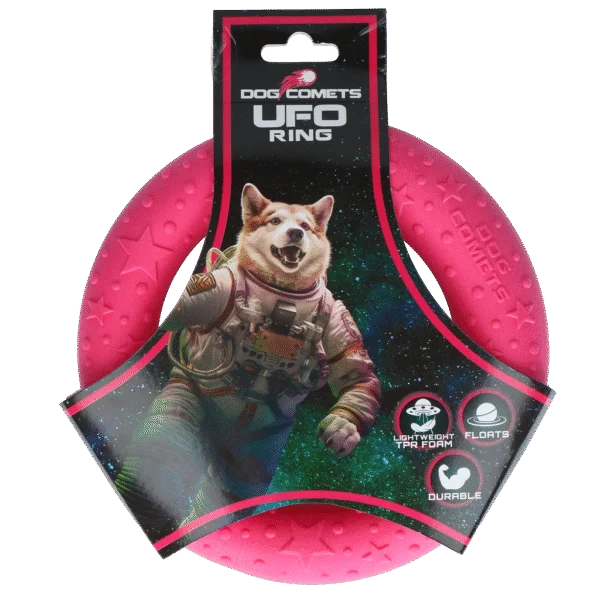 Inel de aport pentru câini din cauciuc spumă, plutitor, roz, M, Ø 19 cm – Dog Comets UFO Ring