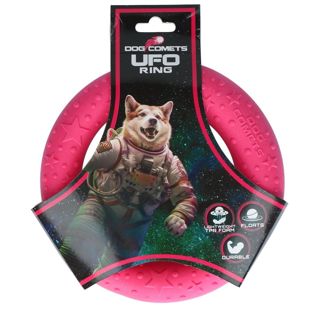 Inel de aport pentru câini din cauciuc spumă, plutitor, roz, M, Ø 19 cm – Dog Comets UFO Ring - imagine 1