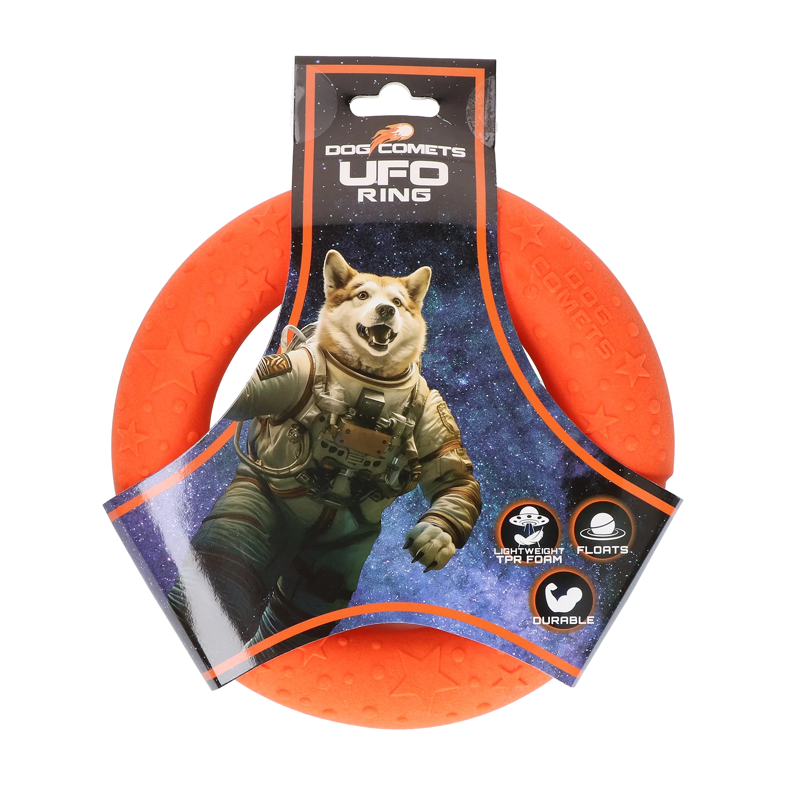 COME097W.png Inel de aruncat pentru câini, din spumă, plutitor, portocaliu S, Ø 13,5 cm – Dog Comets UFO Ring - imagine 1