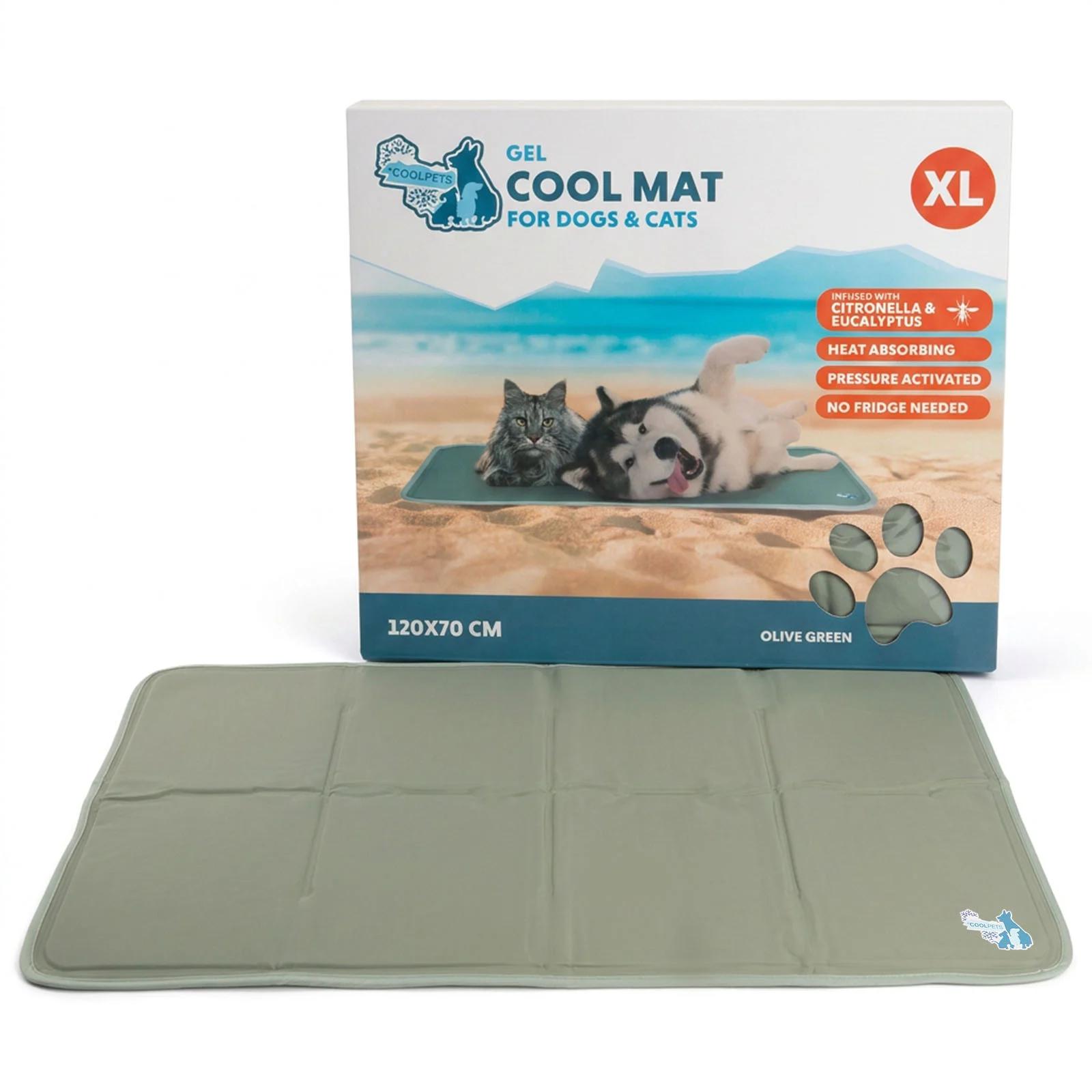 Saltea răcoritoare pentru câini cu gel solid, verde măsliniu, XL 120 x 70 cm – Coolpets Gel Cooling Mat - imagine 1