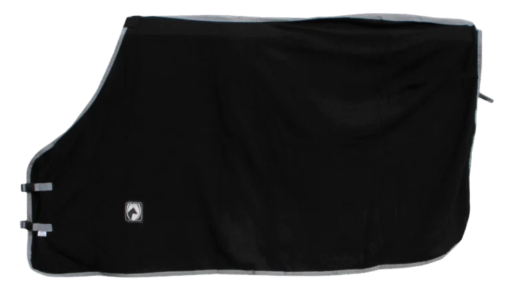 Pătură de fleece pentru transpirație, cu închidere cu clipsuri, neagră cu bandă gri, 135/185 cm