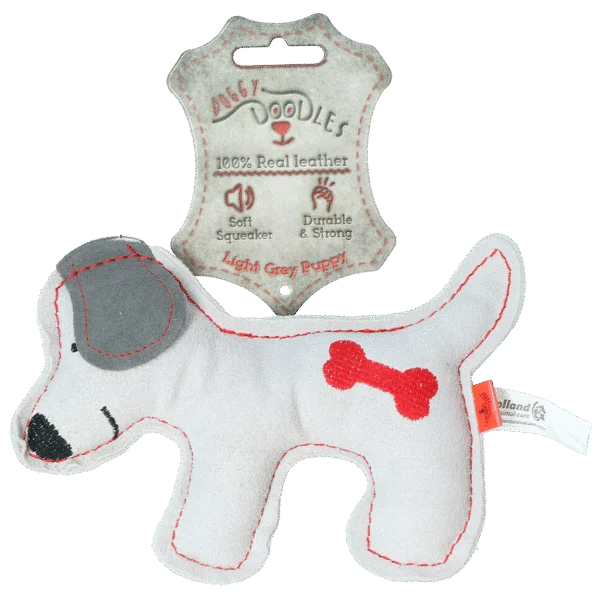 Jucărie de pluș pentru câini din piele de vită, cu chițăitoare cu zgomot redus, gri deschis – Cățeluș Doggy Doodles