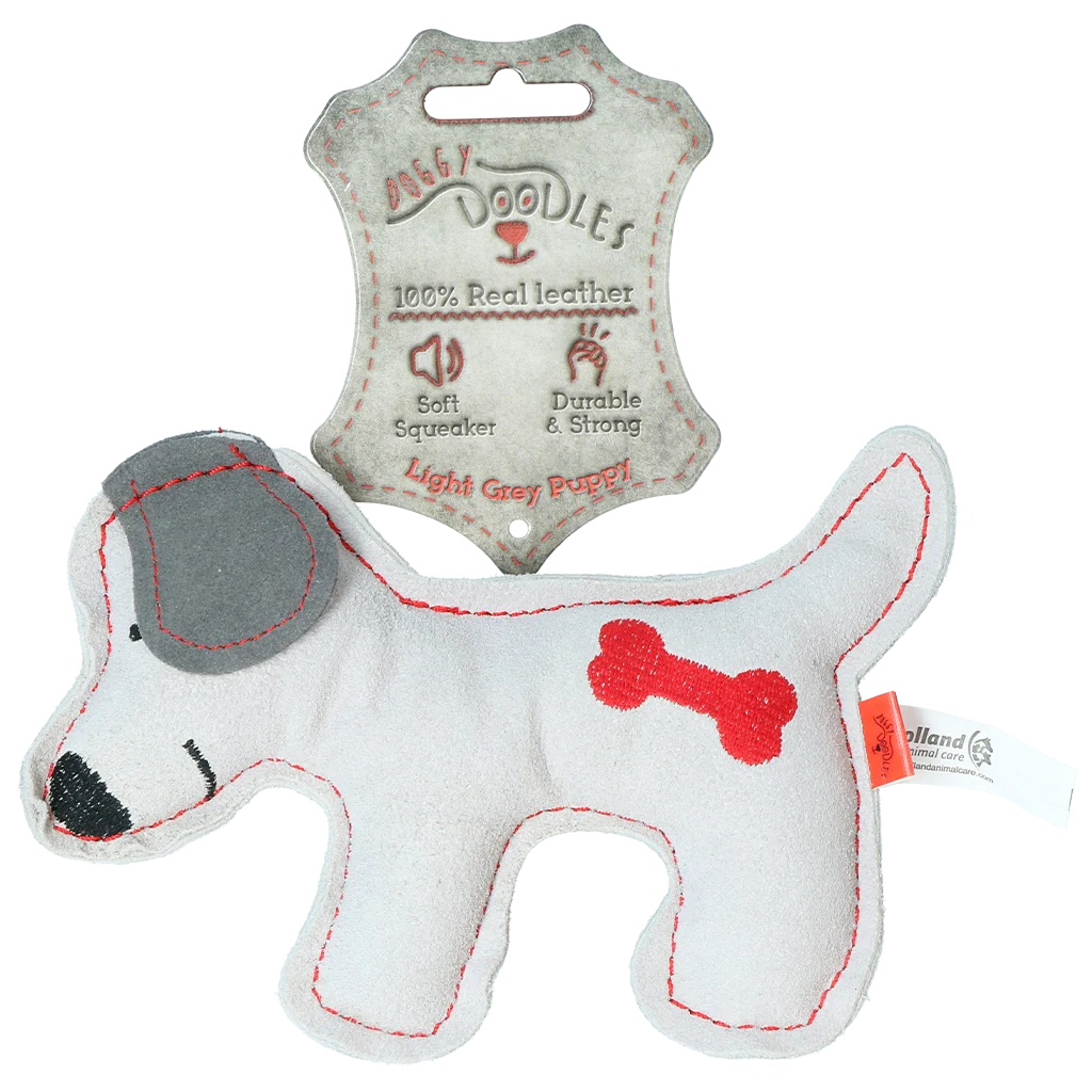 Jucărie de pluș pentru câini din piele de vită, cu chițăitoare cu zgomot redus, gri deschis – Cățeluș Doggy Doodles - imagine 1