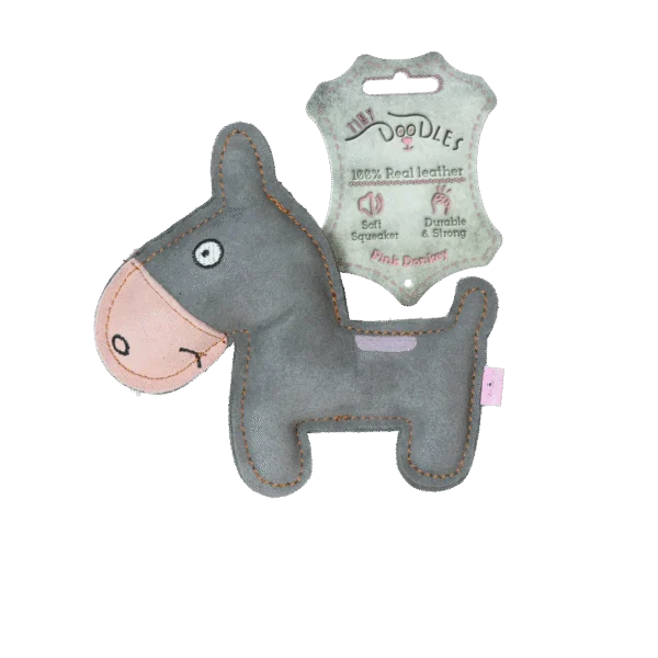 Jucărie pentru câini din piele de bovină cu squeaker cu sunet discret, roz – Măgăruș Tiny Doodles