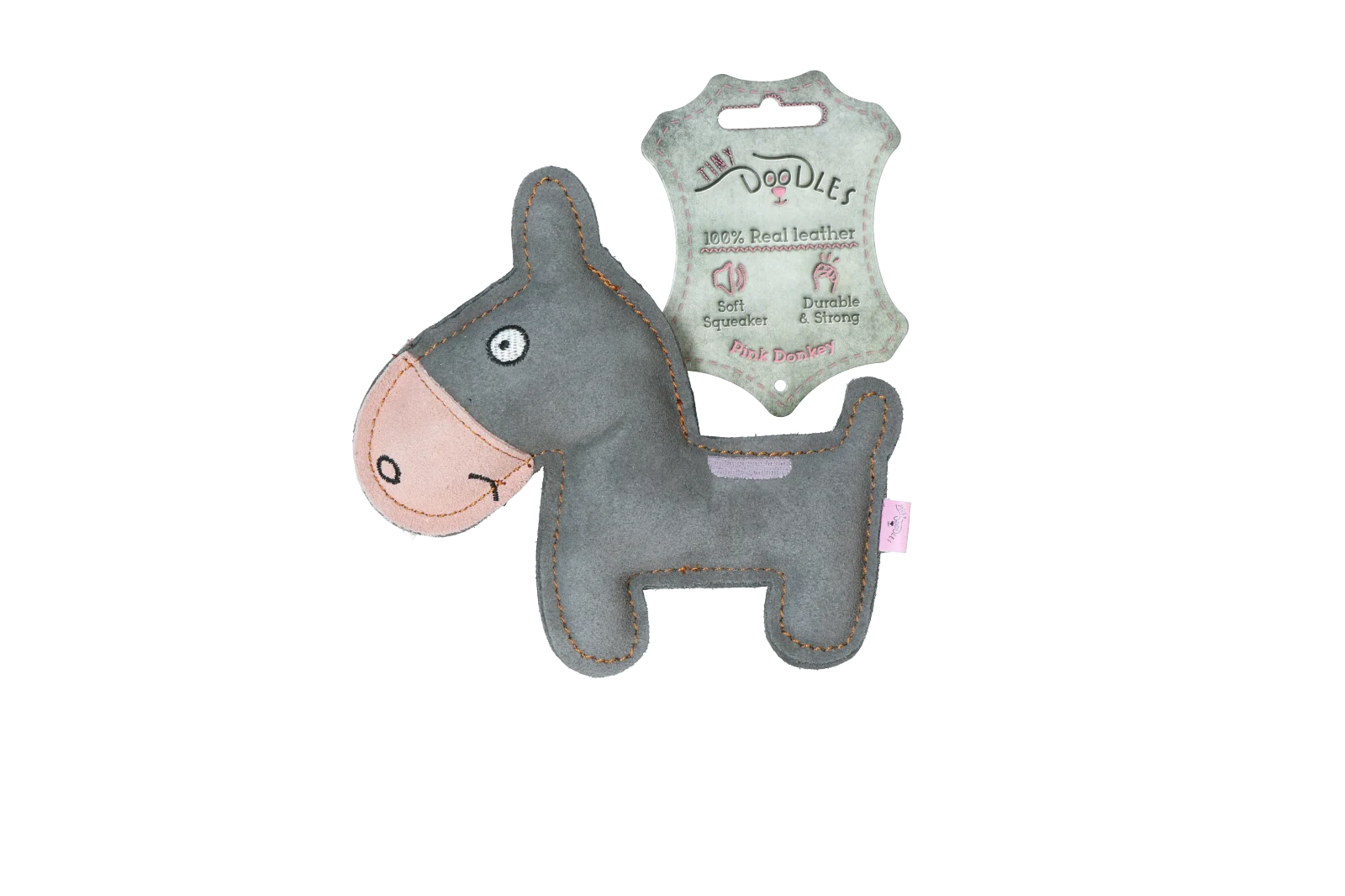 Jucărie pentru câini din piele de bovină cu squeaker cu sunet discret, roz – Măgăruș Tiny Doodles - imagine 1