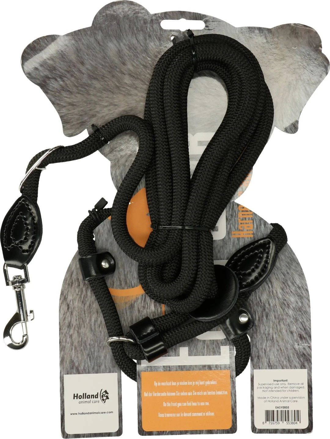 Ham cu lesă din frânghie pentru câini, negru, Regular 345 cm – Easy Walk, model cu lesă purtată pe umăr - imagine 2