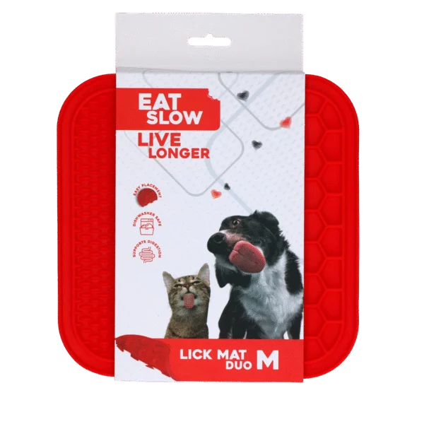 Covoraș de lins pentru câini, cu 2 modele și ventuze, 21 x 21 cm, roșu – Eat Slow Live Longer Lick Mat Duo M