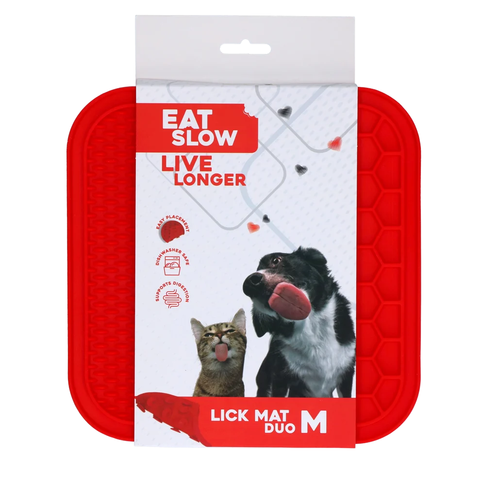 Covoraș de lins pentru câini, cu 2 modele și ventuze, 21 x 21 cm, roșu – Eat Slow Live Longer Lick Mat Duo M - imagine 1