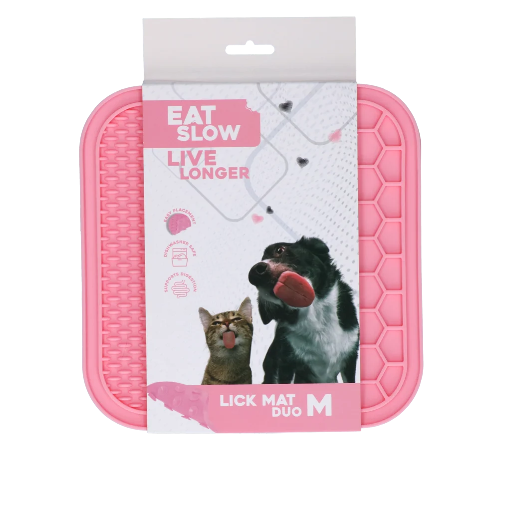 Covoraș de lins pentru câini cu 2 modele și ventuze, 21 x 21 cm, roz – Eat Slow Live Longer Lick Mat Duo M - imagine 1