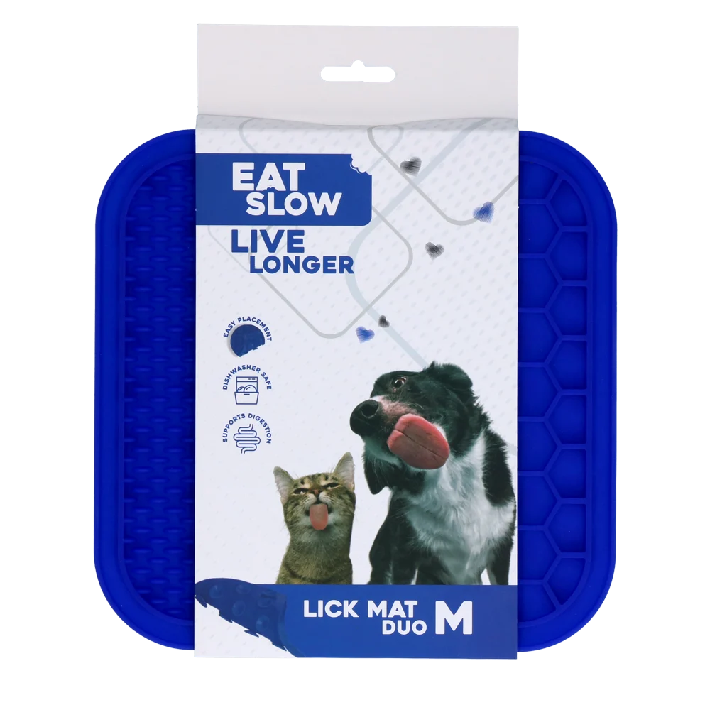 Covoraș de lins pentru câini, cu denivelări și model fagure, 21 x 21 cm, Albastru – Eat Slow Live Longer Lick Mat Duo M - imagine 1