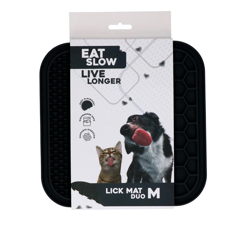 Covoraș de lins pentru câini cu proeminențe și model tip fagure, 21 x 21 cm, gri – Eat Slow Live Longer Lick Mat Duo M - imagine 1