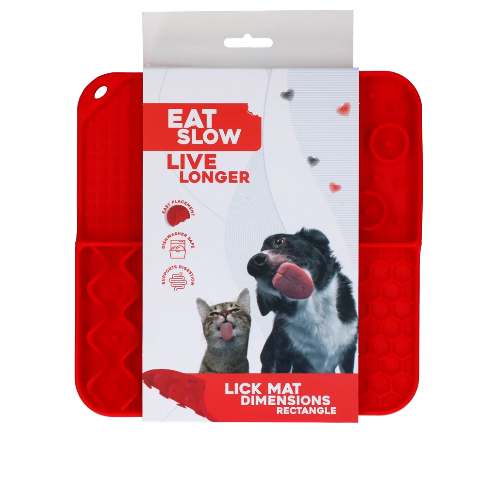 Covoraș de lins pentru câini cu 4 modele și ventuze, 21 x 21 cm, roșu – Eat Slow Live Longer Lick Mat Dimensions Rectangle - imagine 1