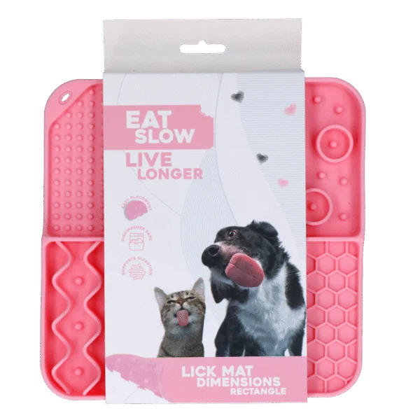 Covoraș de lins pentru câini, cu 4 modele și ventuze, 21 x 21 cm, roz – Eat Slow Live Longer Lick Mat Dimensions Rectangle