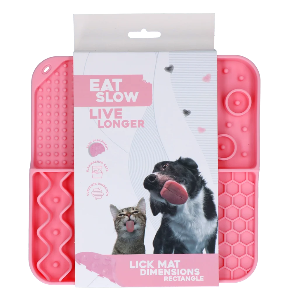 EATS063B.png Covoraș de lins pentru câini, cu 4 modele și ventuze, 21 x 21 cm, roz – Eat Slow Live Longer Lick Mat Dimensions Rectangle - imagine 1