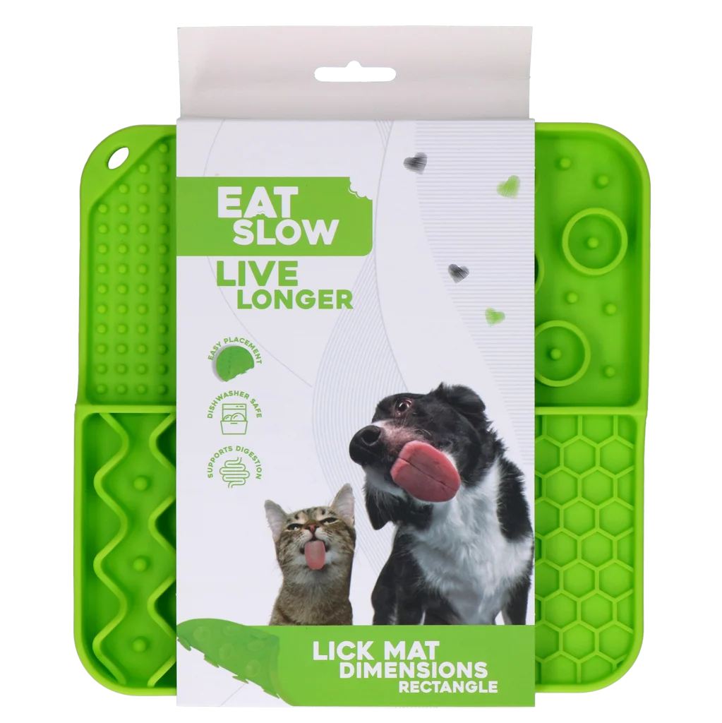 Saltea de lins pentru câini cu 4 modele și ventuze, 21 x 21 cm, verde – Eat Slow Live Longer Lick Mat Dimensions Rectangle - imagine 1