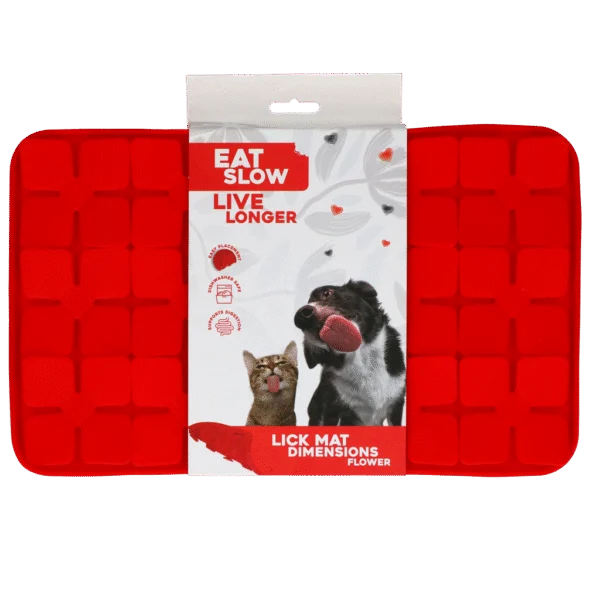 Covoraș de lins pentru câini, cu clapete în formă de floare și ventuze, 21 x 34 cm, roșu – Eat Slow Live Longer Lick Mat Dimensions Flower