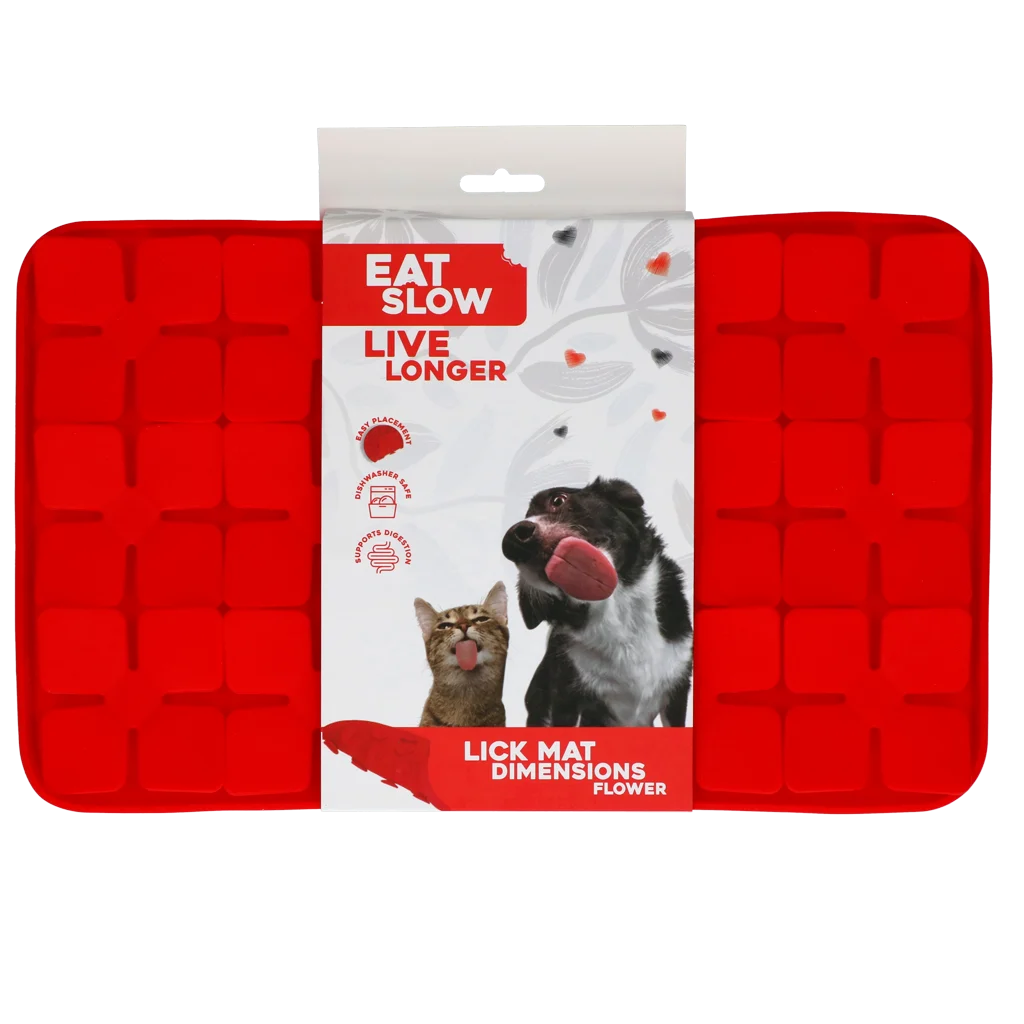 Covoraș de lins pentru câini, cu clapete în formă de floare și ventuze, 21 x 34 cm, roșu – Eat Slow Live Longer Lick Mat Dimensions Flower - imagine 1