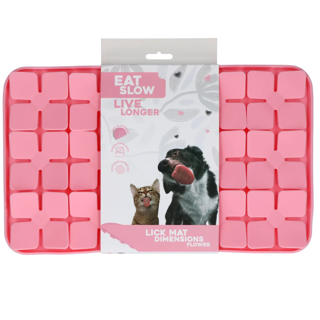 Covoraș de lins pentru câini, cu petale în formă de flori și ventuze, 21 x 34 cm, roz – Eat Slow Live Longer Lick Mat Dimensions Flower - imagine 1