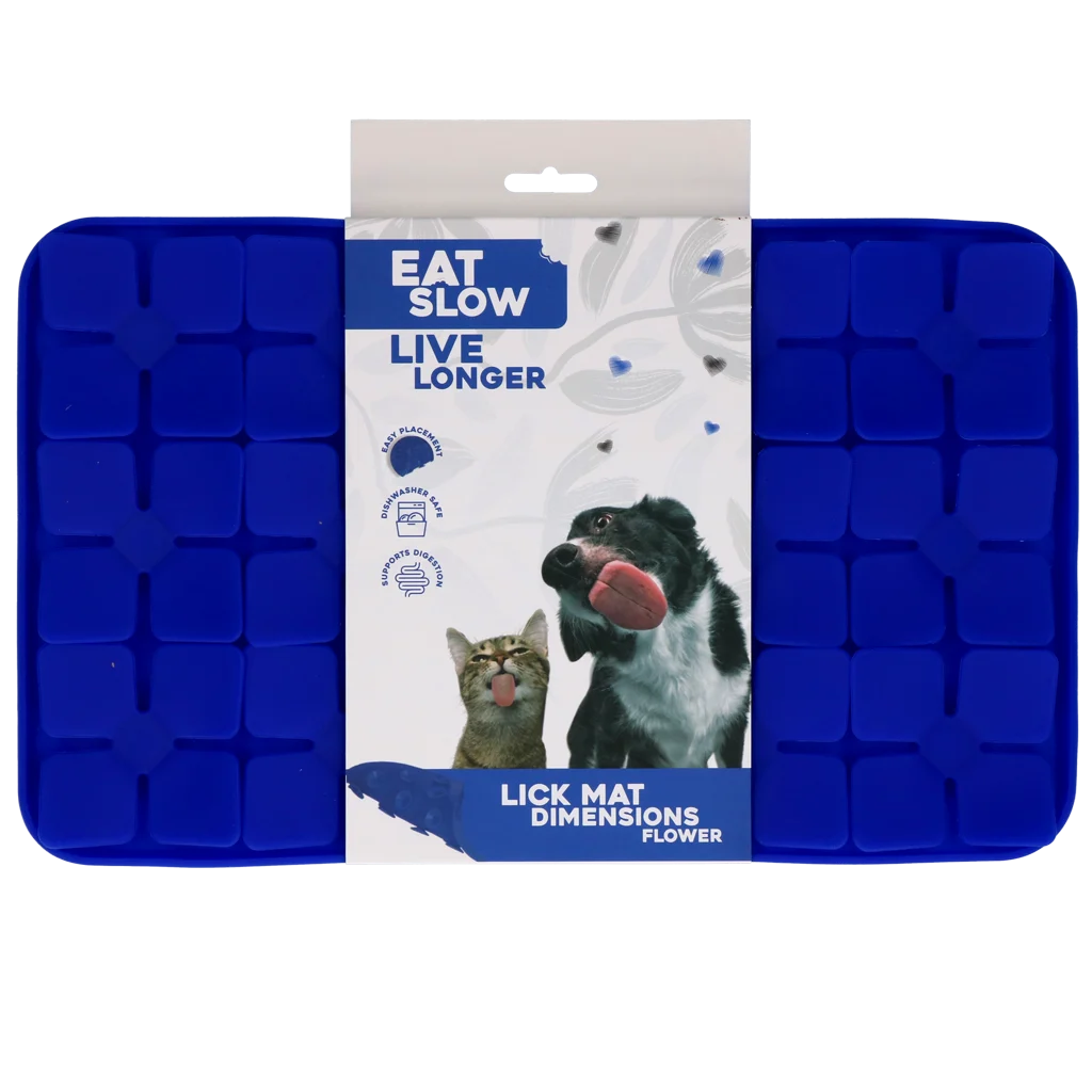Covoraș de lins pentru câini cu petale în formă de flori și ventuze, 21 x 34 cm, albastru – Eat Slow Live Longer Lick Mat Dimensions Flower - imagine 1