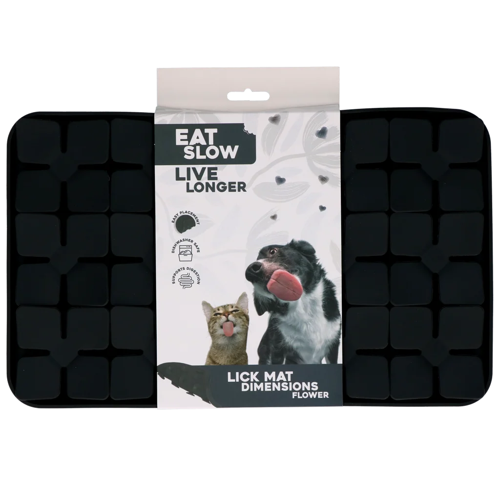 Covoraș de lins pentru câini cu clapete în formă de floare și ventuze, 21 x 34 cm, gri – Eat Slow Live Longer Lick Mat Dimensions Flower - imagine 1