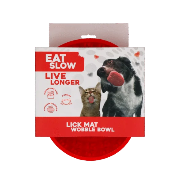 Bol antiînfulecare pentru câini cu suprafață de lins, roșu, 17 cm – Eat Slow Live Longer Lick Mat Wobble Bowl