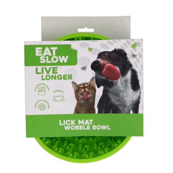 Bol antiînfulecare pentru câini cu bază rotunjită și protuberanțe, Ø 17 cm, verde – Eat Slow Live Longer Lick Mat Wobble Bowl