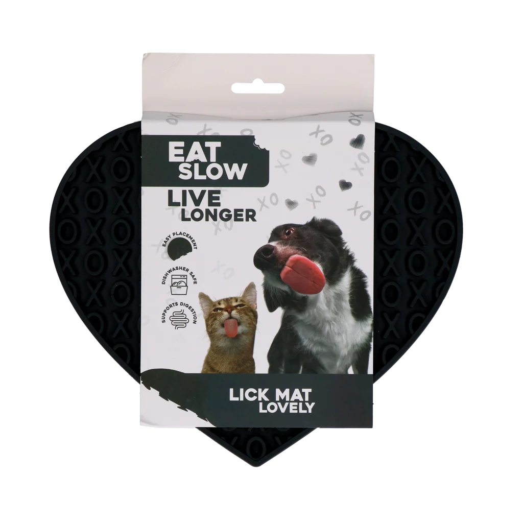 Covoraș de lins pentru câini, în formă de inimă, cu model XO, 19 x 23 cm, gri – Eat Slow Live Longer Lick Mat Lovely Heart - imagine 1