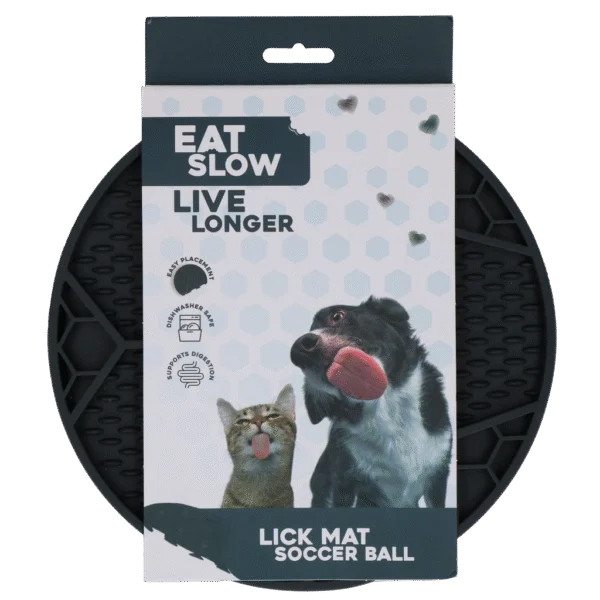 Covoraș de lins pentru câini cu model de minge de fotbal și ventuze, Ø 22 cm, Gri – Eat Slow Live Longer Lick Mat Soccer Ball