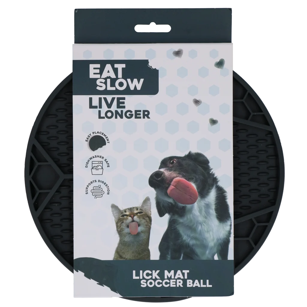 Covoraș de lins pentru câini cu model de minge de fotbal și ventuze, Ø 22 cm, Gri – Eat Slow Live Longer Lick Mat Soccer Ball - imagine 1