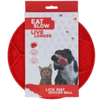 Covoraș de lins pentru câini cu model de minge de fotbal și ventuze, Ø 22 cm, roșu – Eat Slow Live Longer Lick Mat Soccer Ball