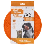 Covoraș de lins pentru câini, cu model de minge de fotbal și ventuze, Ø 22 cm, portocaliu – Eat Slow Live Longer Lick Mat Soccer Ball