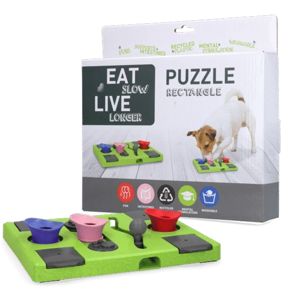 Puzzle pentru câini cu crochete și gustări, cu piciorușe antiderapante – Eat Slow Live Longer Puzzle Rectangle