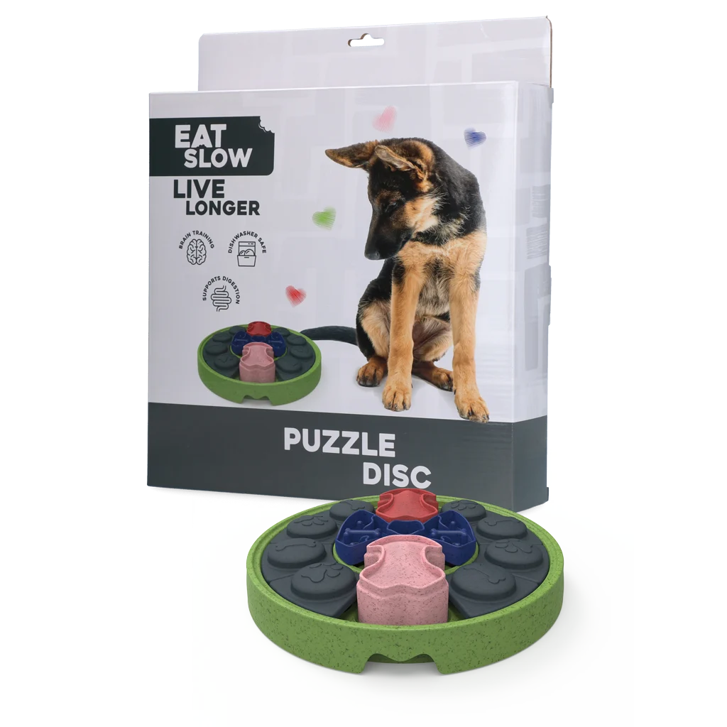 Puzzle pentru câini cu compartimente glisante, pentru crochete și gustări – Eat Slow Live Longer Puzzle Disc - imagine 1