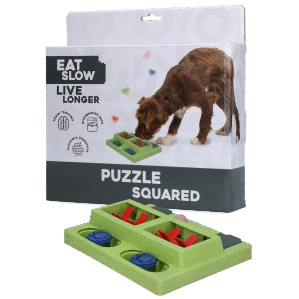 Puzzle interactiv pentru câini, pentru crochete și recompense, cu piciorușe antiderapante – Eat Slow Live Longer Puzzle Squared
