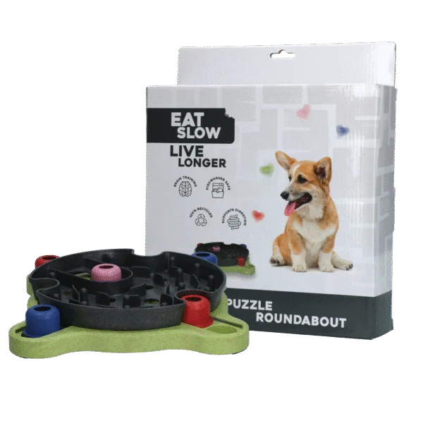Puzzle pentru câini pentru crochete și recompense, cu piciorușe antiderapante – Eat Slow Live Longer Puzzle Roundabout