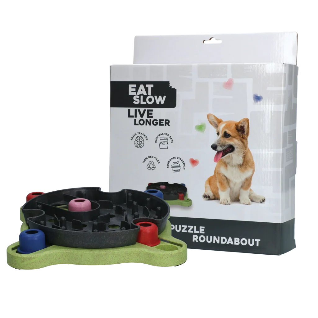 Puzzle pentru câini pentru crochete și recompense, cu piciorușe antiderapante – Eat Slow Live Longer Puzzle Roundabout - imagine 1