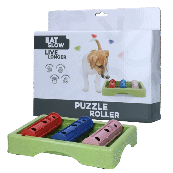 Puzzle pentru câini pentru crochete și recompense, cu piciorușe antiderapante – Eat Slow Live Longer Puzzle Roller