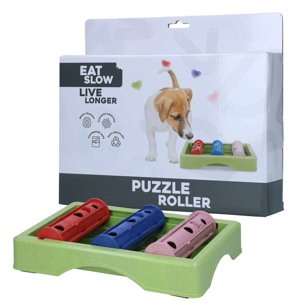 Puzzle pentru câini pentru crochete și recompense, cu piciorușe antiderapante – Eat Slow Live Longer Puzzle Roller - imagine 1