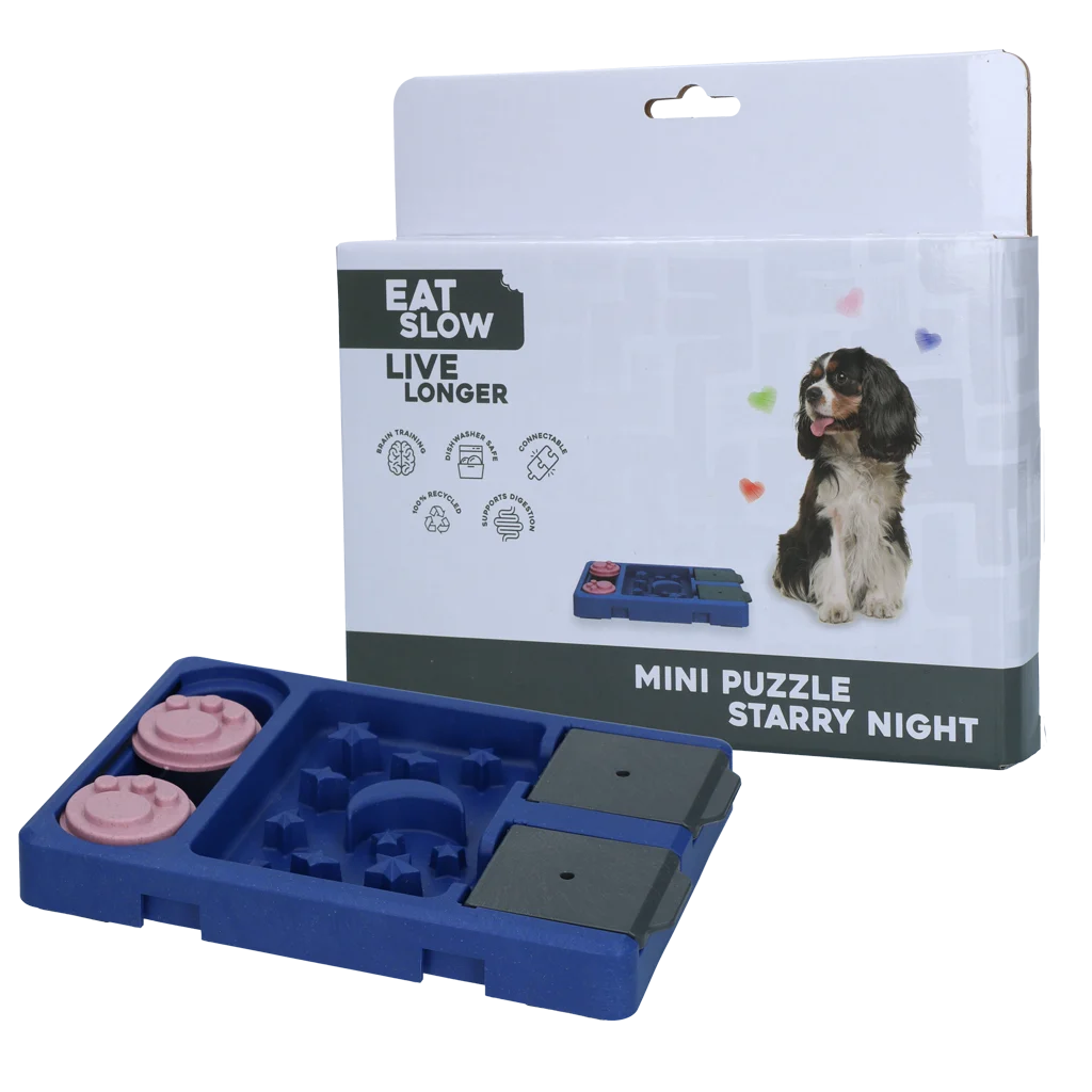 Puzzle pentru câini, pentru boabe și recompense, 13 x 19 cm – Eat Slow Live Longer Mini Puzzle Starry Night - imagine 1