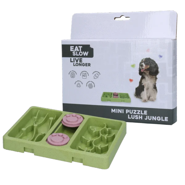 Puzzle pentru câini cu crochete și recompense, 13 x 19 cm – Eat Slow Live Longer Mini Puzzle Lush Jungle