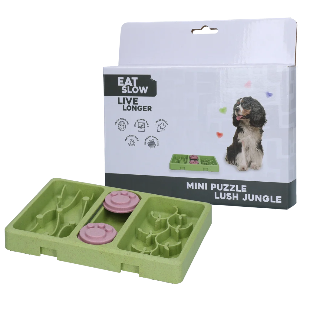 Puzzle pentru câini cu crochete și recompense, 13 x 19 cm – Eat Slow Live Longer Mini Puzzle Lush Jungle - imagine 1