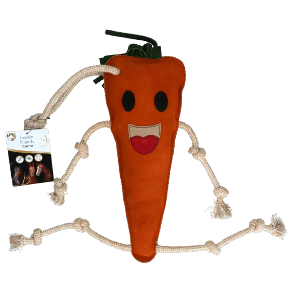 Jucărie de grajd pentru cai, din piele, cu umplutură din iută, morcov, 40 x 16 x 5 cm – Excellent Horse Foodie Friends Carrot