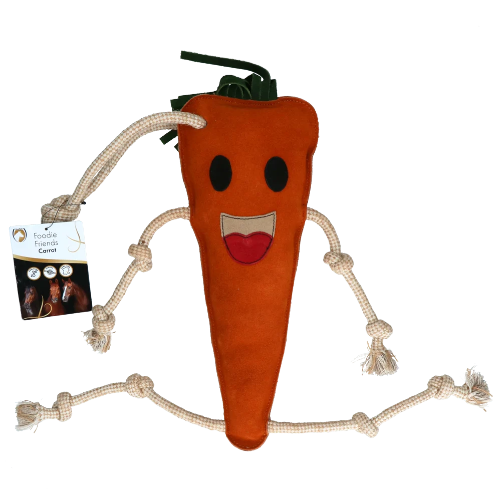 Jucărie de grajd pentru cai, din piele, cu umplutură din iută, morcov, 40 x 16 x 5 cm – Excellent Horse Foodie Friends Carrot - imagine 1