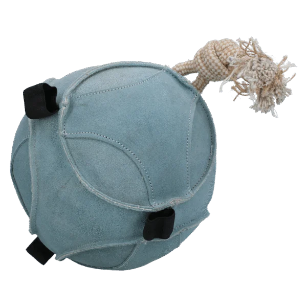 Minge de joacă pentru cai din piele întoarsă, cu bucle pentru gustări, albastră – Excellent Horse Fun Play Ball Suede